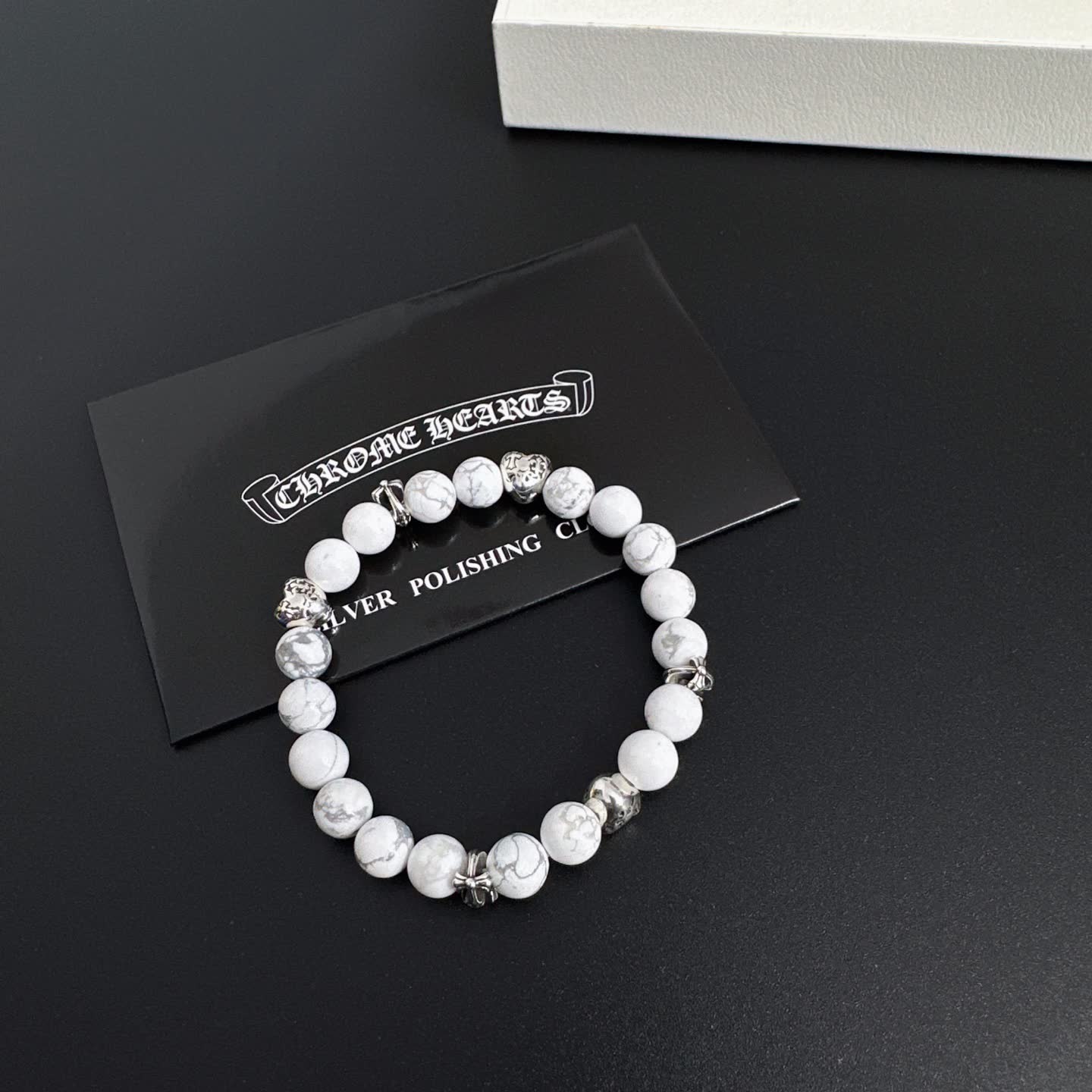 Chrome Hearts White Marble Bead Bracelet with Silver Accents